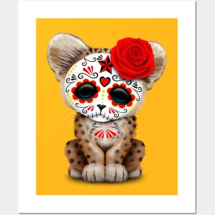 Red Day of the Dead Sugar Skull Leopard Cub Posters and Art